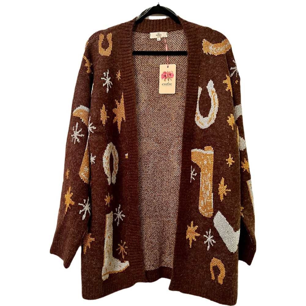 LAST 1! ENTRO Shimmer Western Print Open Soft Cardigan! - Picture 5 of 6